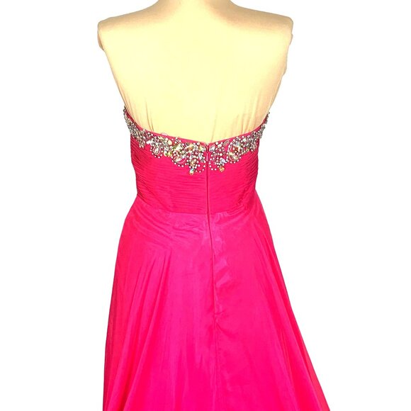 Strapless Barbie Pink Gown 4 Rhinestone Embellished Flowing Chiffon Skirt Prom - Picture 7 of 12